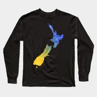 Colorful mandala art map of New Zealand with text in blue and yellow Long Sleeve T-Shirt